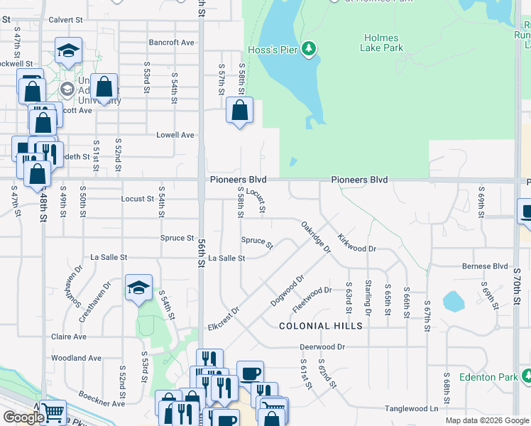 map of restaurants, bars, coffee shops, grocery stores, and more near 5904 Locust Street in Lincoln