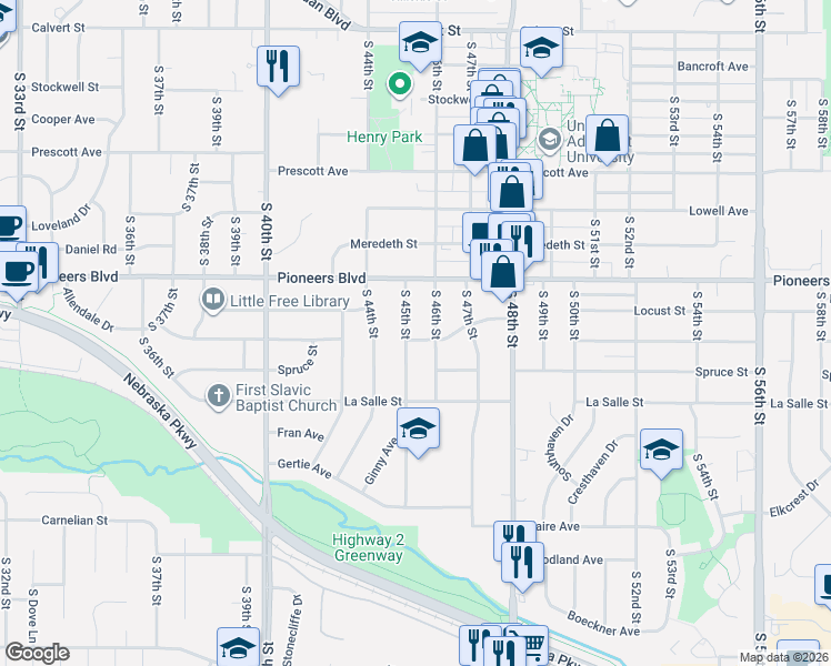 map of restaurants, bars, coffee shops, grocery stores, and more near 4421 South 46th Street in Lincoln