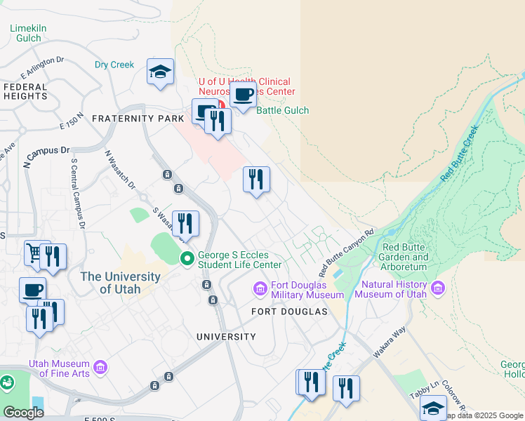 map of restaurants, bars, coffee shops, grocery stores, and more near 25 2000 East in Salt Lake City