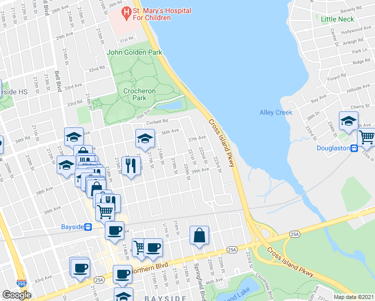 map of restaurants, bars, coffee shops, grocery stores, and more near 220-07 38th Avenue in Queens