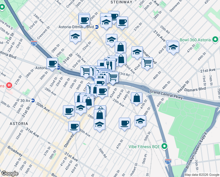 map of restaurants, bars, coffee shops, grocery stores, and more near 24-15 41st Street in Queens
