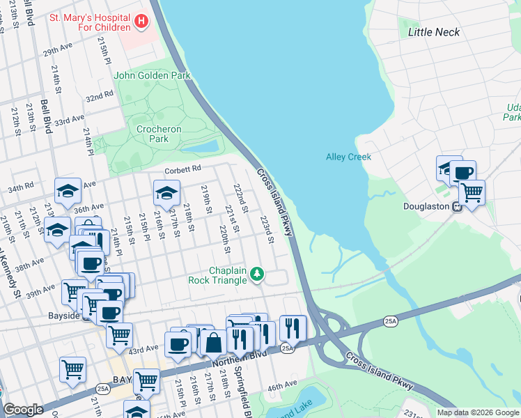 map of restaurants, bars, coffee shops, grocery stores, and more near 37-25 223rd Street in Queens