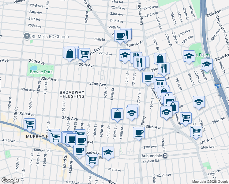 map of restaurants, bars, coffee shops, grocery stores, and more near 32-15 168th Street in Queens