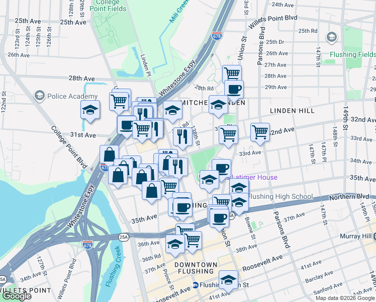 map of restaurants, bars, coffee shops, grocery stores, and more near 31-36 137th Street in Queens