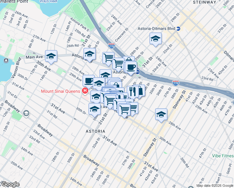 map of restaurants, bars, coffee shops, grocery stores, and more near 25-90 31st Street in Queens