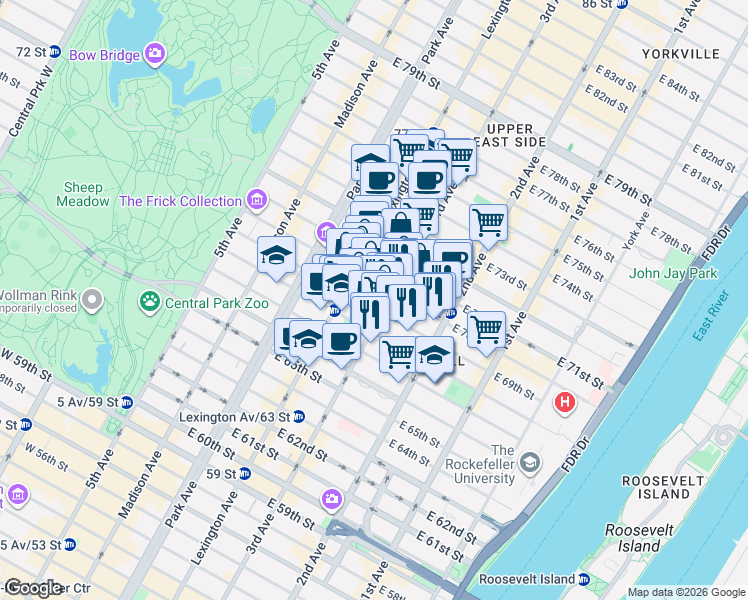 map of restaurants, bars, coffee shops, grocery stores, and more near 201 East 69th Street in New York