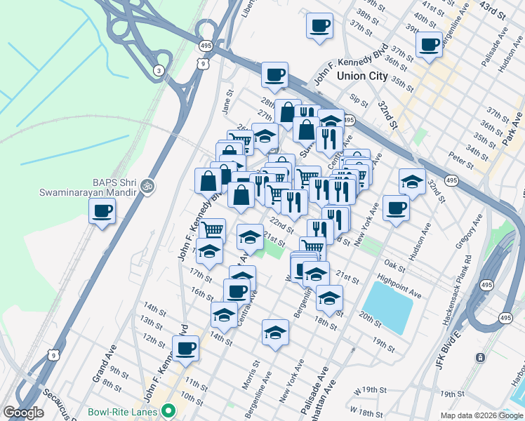 map of restaurants, bars, coffee shops, grocery stores, and more near 2207 Summit Avenue in Union City