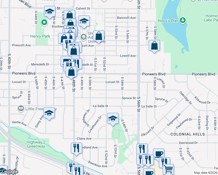 map of restaurants, bars, coffee shops, grocery stores, and more near 5243 Locust Street in Lincoln