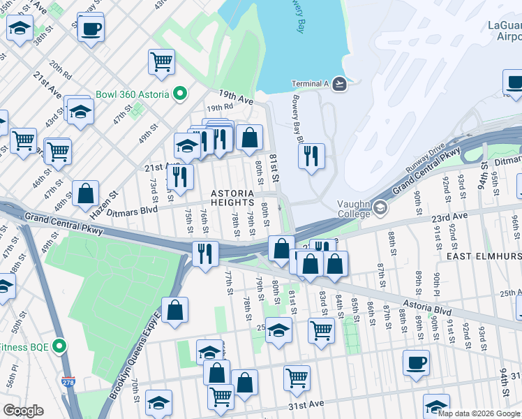 map of restaurants, bars, coffee shops, grocery stores, and more near 22-26 80th Street in Queens