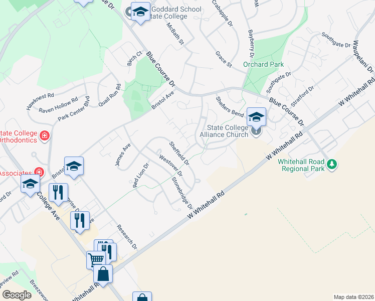 map of restaurants, bars, coffee shops, grocery stores, and more near 110 Raleigh Avenue in State College