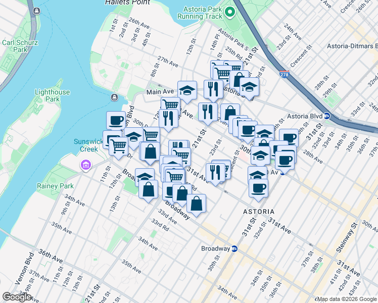 map of restaurants, bars, coffee shops, grocery stores, and more near 30-74 21st Street in Queens