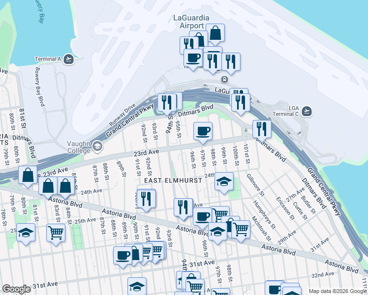 map of restaurants, bars, coffee shops, grocery stores, and more near 2707 23rd Avenue in Queens