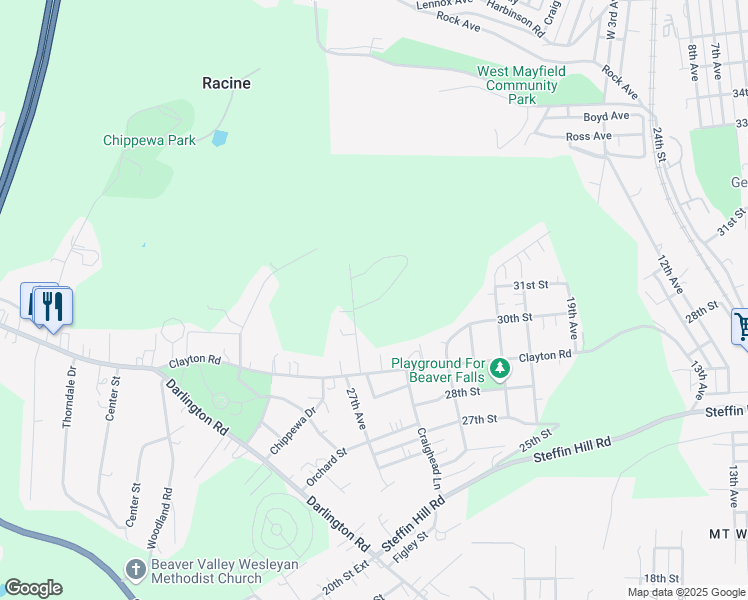 map of restaurants, bars, coffee shops, grocery stores, and more near 54 Sunnyhill Drive in Beaver Falls