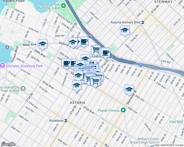 map of restaurants, bars, coffee shops, grocery stores, and more near 29-28 Newtown Avenue in Queens