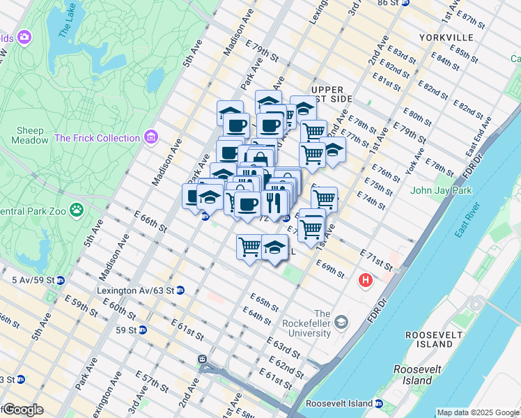 map of restaurants, bars, coffee shops, grocery stores, and more near 219 East 71st Street in New York