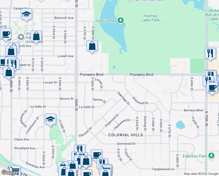 map of restaurants, bars, coffee shops, grocery stores, and more near 5931 Kenwood Circle in Lincoln