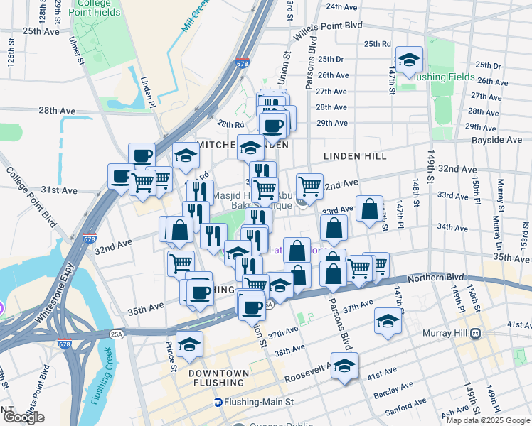 map of restaurants, bars, coffee shops, grocery stores, and more near 32-18 Union Street in Queens