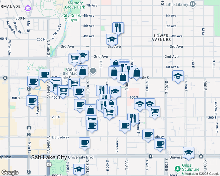 map of restaurants, bars, coffee shops, grocery stores, and more near 420 East South Temple in Salt Lake City