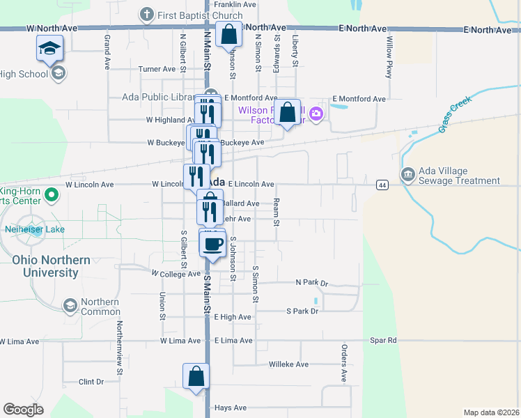 map of restaurants, bars, coffee shops, grocery stores, and more near 305 East Ballard Avenue in Ada