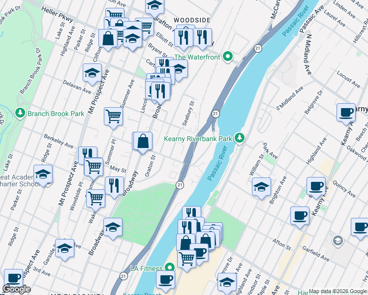 map of restaurants, bars, coffee shops, grocery stores, and more near 33 Triton Terrace in Newark