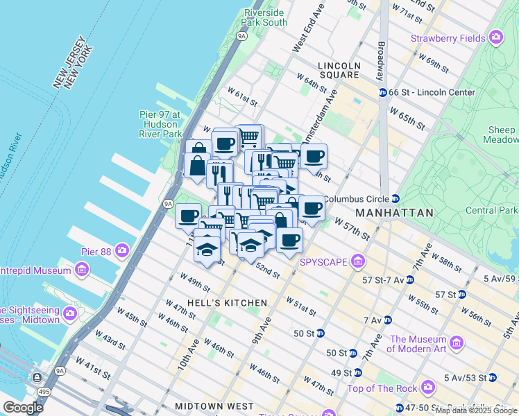 map of restaurants, bars, coffee shops, grocery stores, and more near 500 West 56th Street in New York