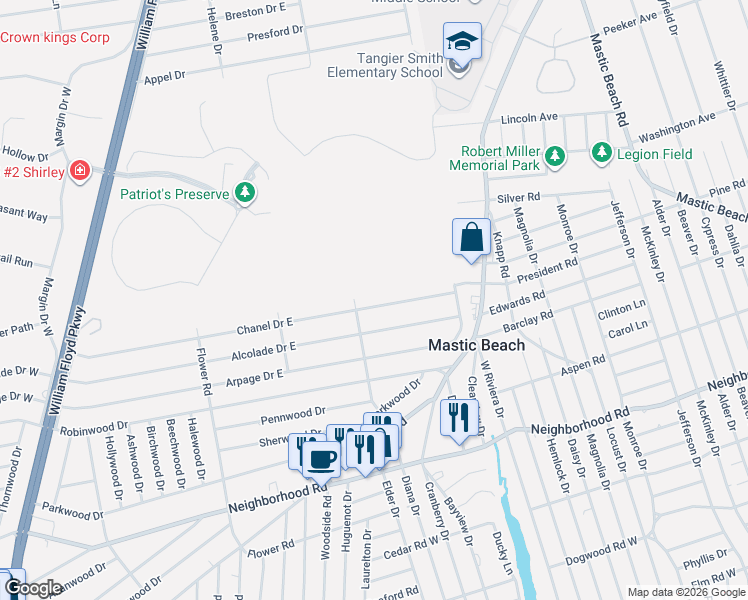 map of restaurants, bars, coffee shops, grocery stores, and more near 119 Chanel Drive East in Shirley