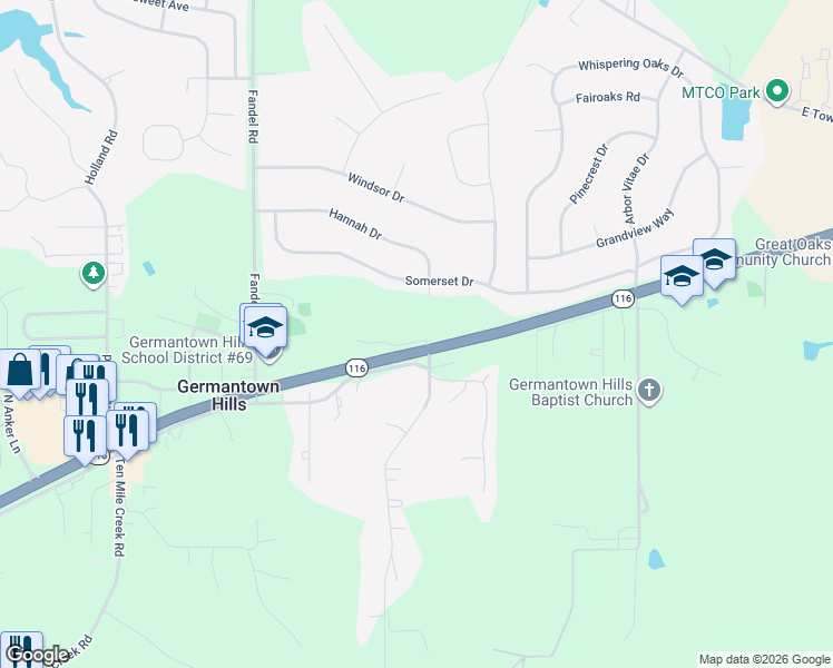map of restaurants, bars, coffee shops, grocery stores, and more near 488 Illinois 116 in Germantown Hills