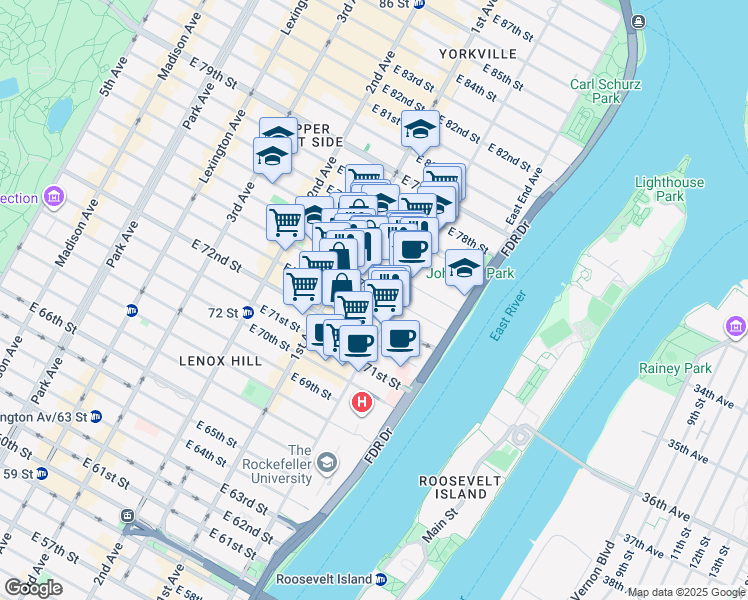 map of restaurants, bars, coffee shops, grocery stores, and more near 490 East 74th Street in New York