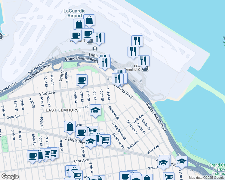 map of restaurants, bars, coffee shops, grocery stores, and more near 23-10 102nd Street in Queens