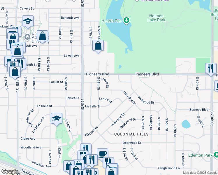 map of restaurants, bars, coffee shops, grocery stores, and more near 5904 Locust Street in Lincoln