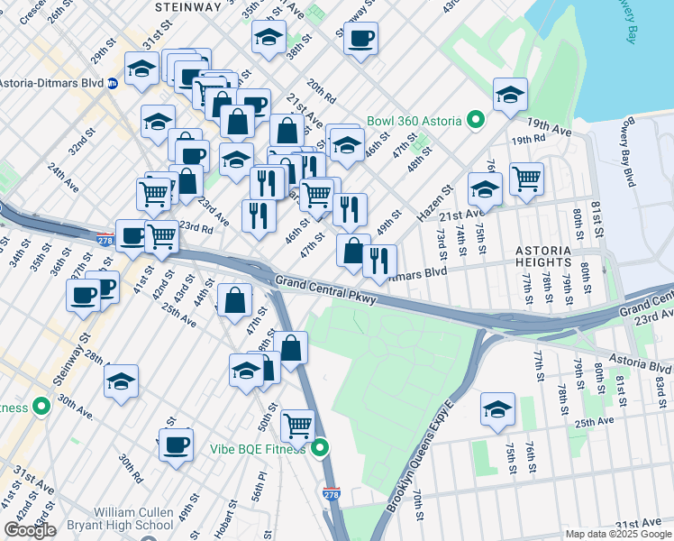 map of restaurants, bars, coffee shops, grocery stores, and more near 22-32 49th Street in Queens