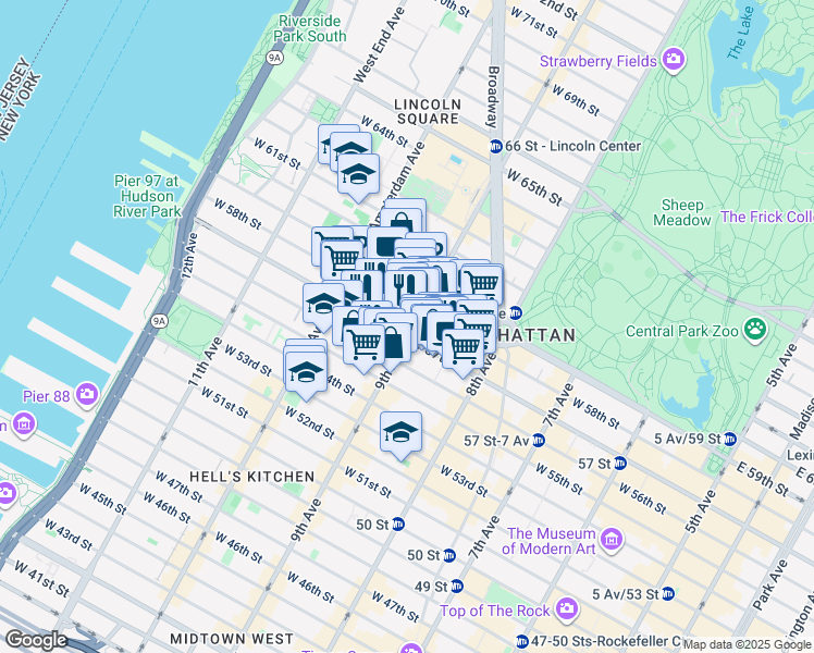 map of restaurants, bars, coffee shops, grocery stores, and more near 885 9th Avenue in New York