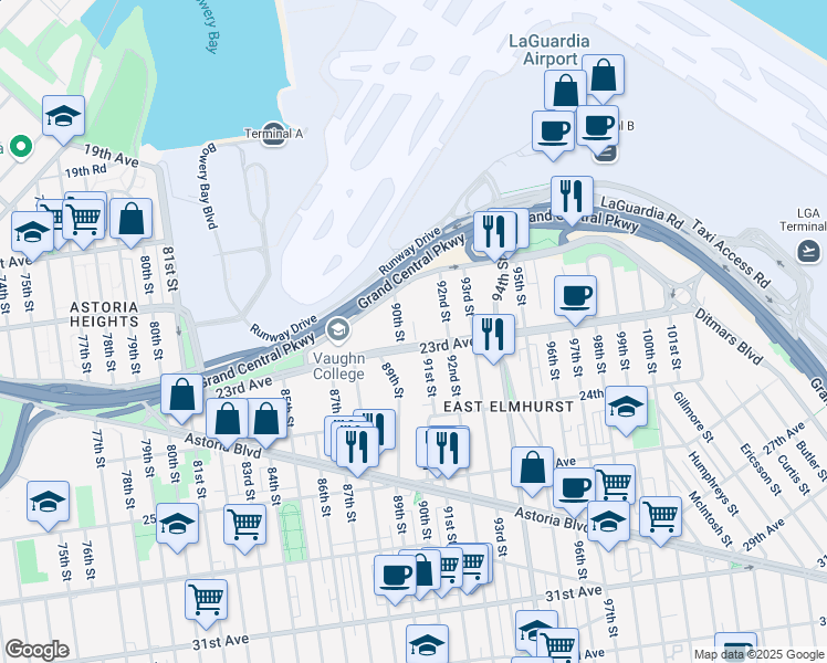 map of restaurants, bars, coffee shops, grocery stores, and more near 90-01 23rd Avenue in Queens