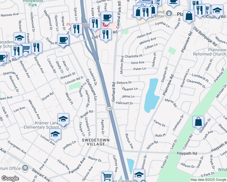 map of restaurants, bars, coffee shops, grocery stores, and more near Gerhard Road in Plainview