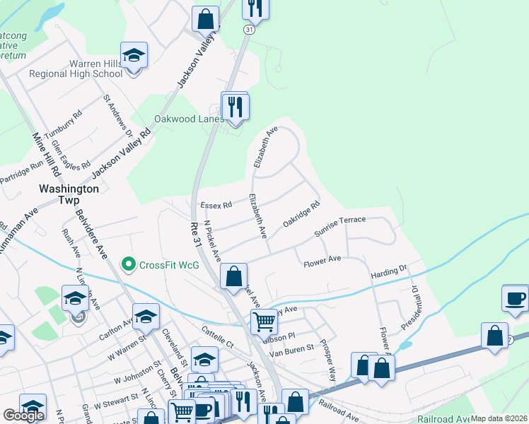 map of restaurants, bars, coffee shops, grocery stores, and more near 2 Village Gate Road in Washington