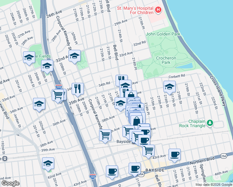 map of restaurants, bars, coffee shops, grocery stores, and more near 35-07 213th Street in Queens