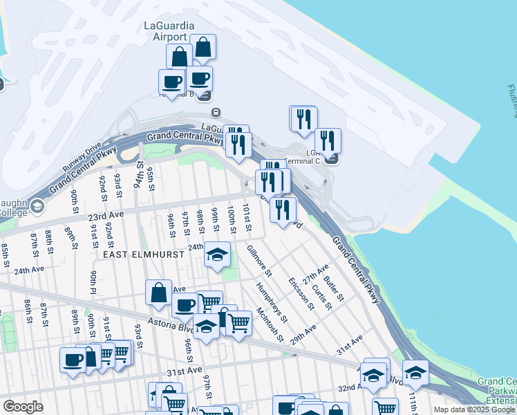 map of restaurants, bars, coffee shops, grocery stores, and more near 23-10 102nd Street in Queens