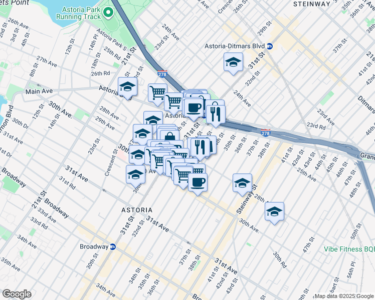 map of restaurants, bars, coffee shops, grocery stores, and more near 25-55 32nd Street in Queens