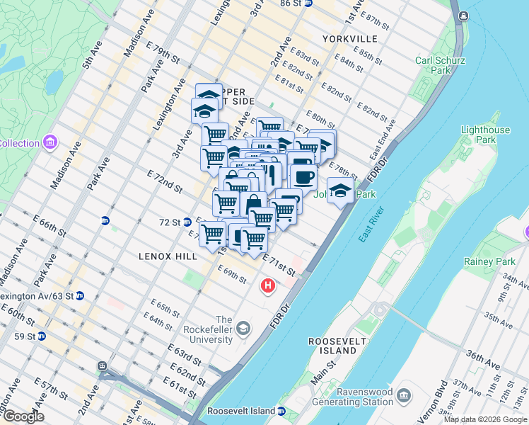 map of restaurants, bars, coffee shops, grocery stores, and more near 402 East 74th Street in New York