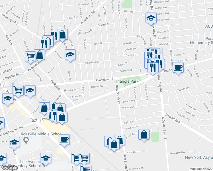 map of restaurants, bars, coffee shops, grocery stores, and more near 33 Gables Road in Hicksville