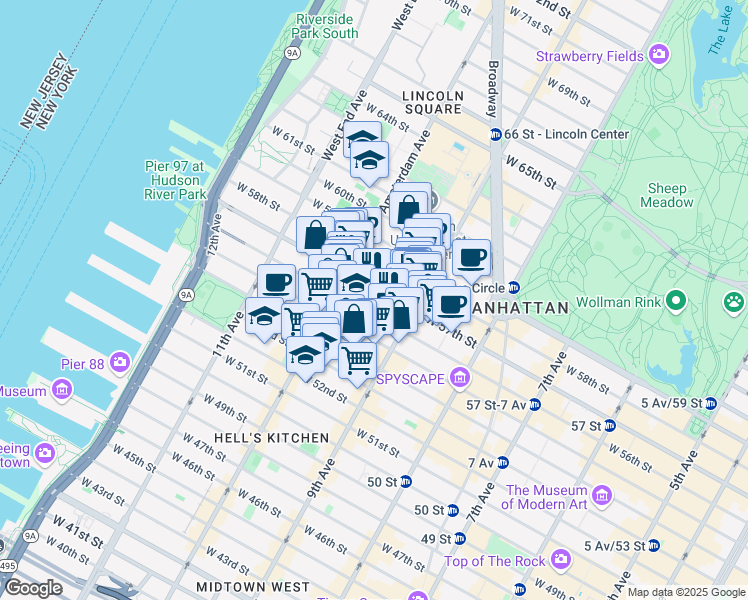 map of restaurants, bars, coffee shops, grocery stores, and more near 440 West 57th Street in New York