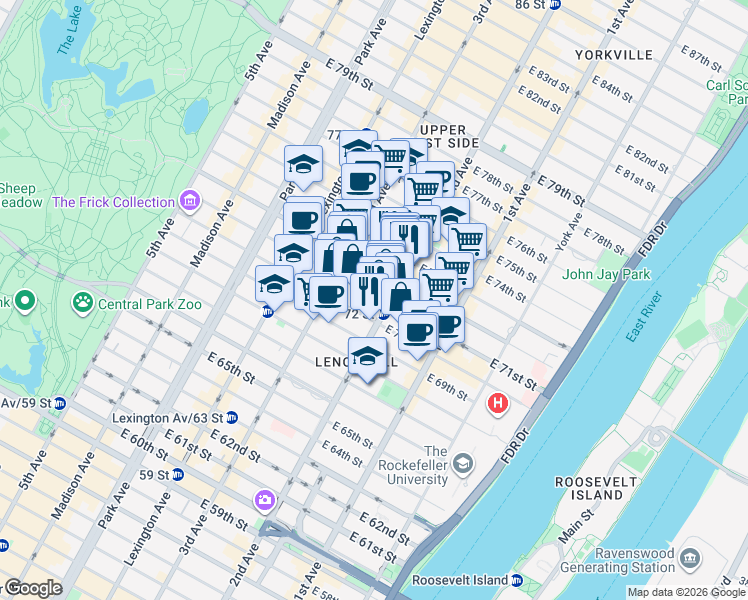 map of restaurants, bars, coffee shops, grocery stores, and more near in New York