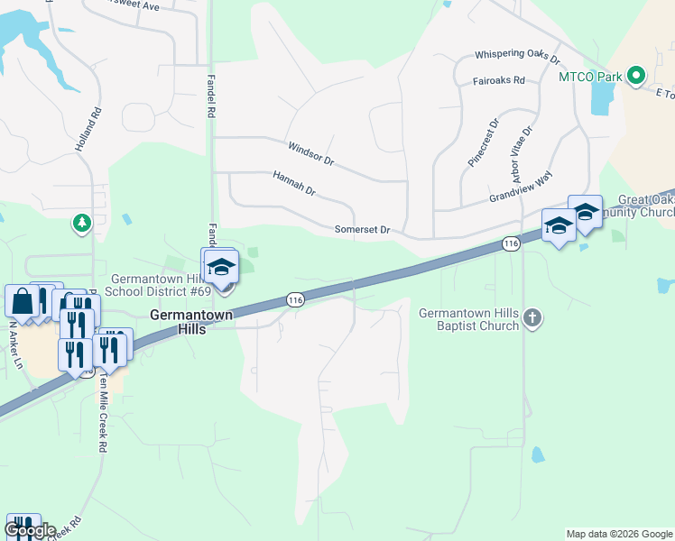 map of restaurants, bars, coffee shops, grocery stores, and more near 488 Illinois 116 in Germantown Hills