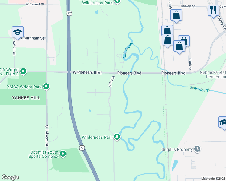 map of restaurants, bars, coffee shops, grocery stores, and more near 4301-5001 South 1st Street in Lincoln