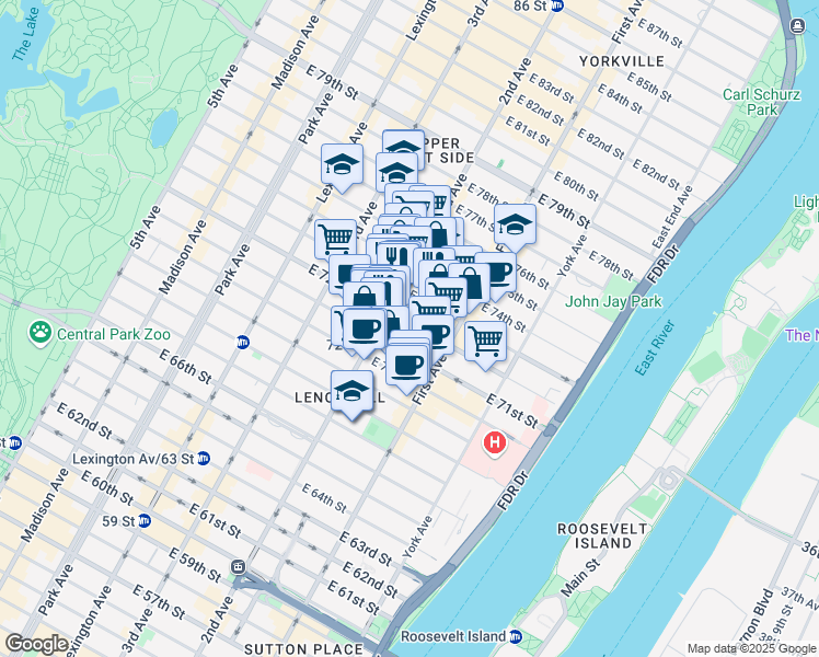 map of restaurants, bars, coffee shops, grocery stores, and more near 322 East 72nd Street in New York