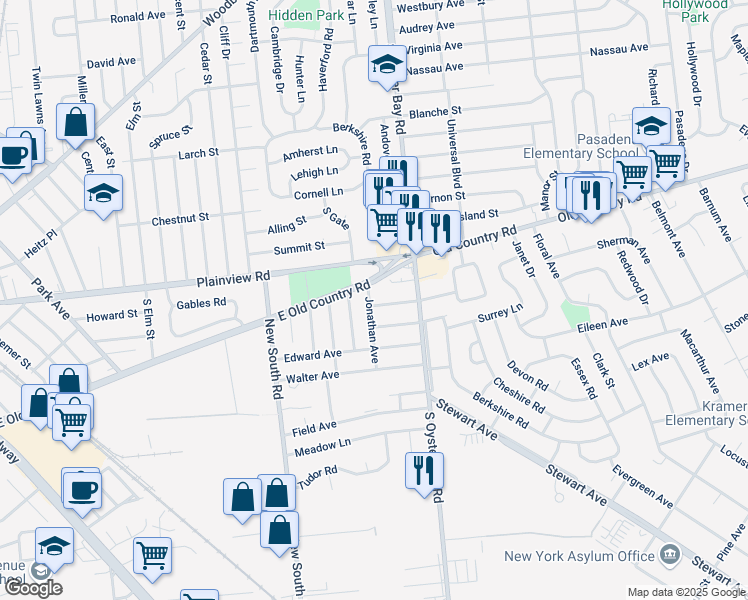 map of restaurants, bars, coffee shops, grocery stores, and more near 3 Jonathan Avenue in Hicksville