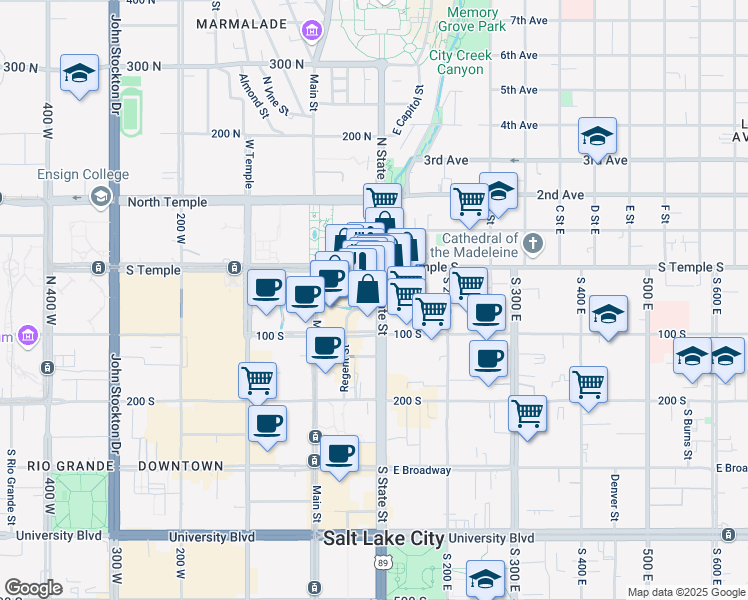 map of restaurants, bars, coffee shops, grocery stores, and more near 36 State Street in Salt Lake City