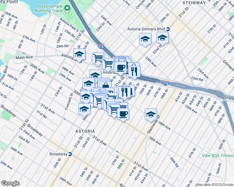 map of restaurants, bars, coffee shops, grocery stores, and more near 3117 28th Avenue in Queens