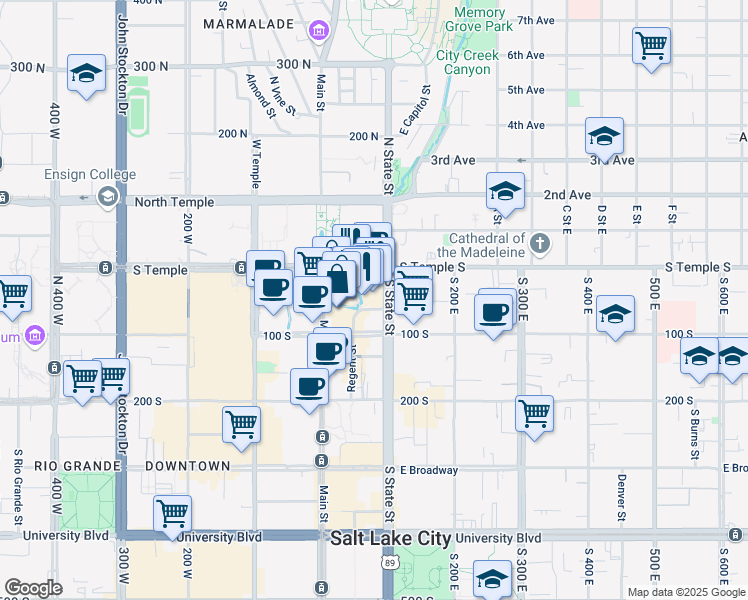 map of restaurants, bars, coffee shops, grocery stores, and more near 36 State Street in Salt Lake City