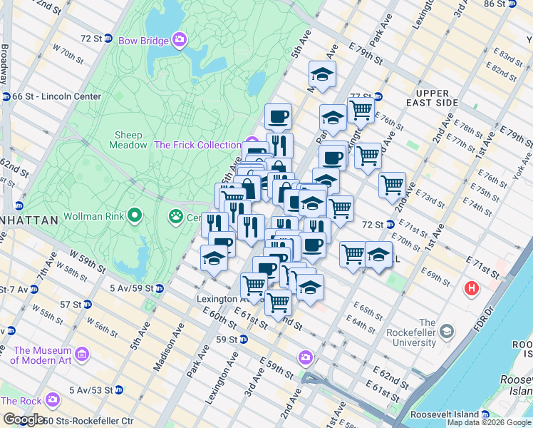 map of restaurants, bars, coffee shops, grocery stores, and more near 51 East 67th Street in New York